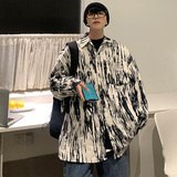 CT21宽松情侣港风大码ins扎染条纹衬衫外套男P4868黑色，男装衬衫，电商A066