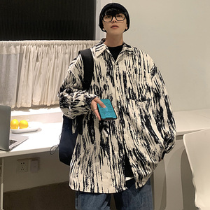 CT21宽松情侣港风大码ins扎染条纹衬衫外套男P4868 蓝，男装衬衫，电商A066