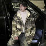 MH09`条纹ins加厚中长款羊羔毛呢料外套连帽棉衣棉服男P118，男装棉衣，电商A066