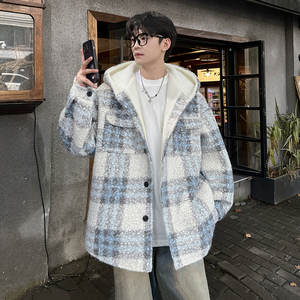 MH13`条纹ins加厚中长款羊羔毛呢料外套连帽棉衣棉服男 P118图片