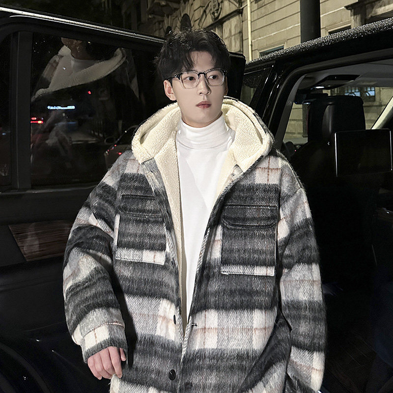 MH15`条纹ins加厚中长款羊羔毛呢料外套连帽棉衣棉服男P118,男装棉衣,电商A066