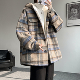 MH19`条纹ins加厚中长款羊羔毛呢料外套连帽棉衣棉服男P118，男装棉衣，电商A066