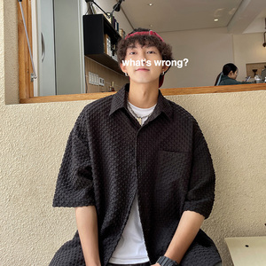 DX1529宽松大码情侣中性立体刺绣街潮短袖五分袖衬衫P4558黑，男装T恤，电商A066