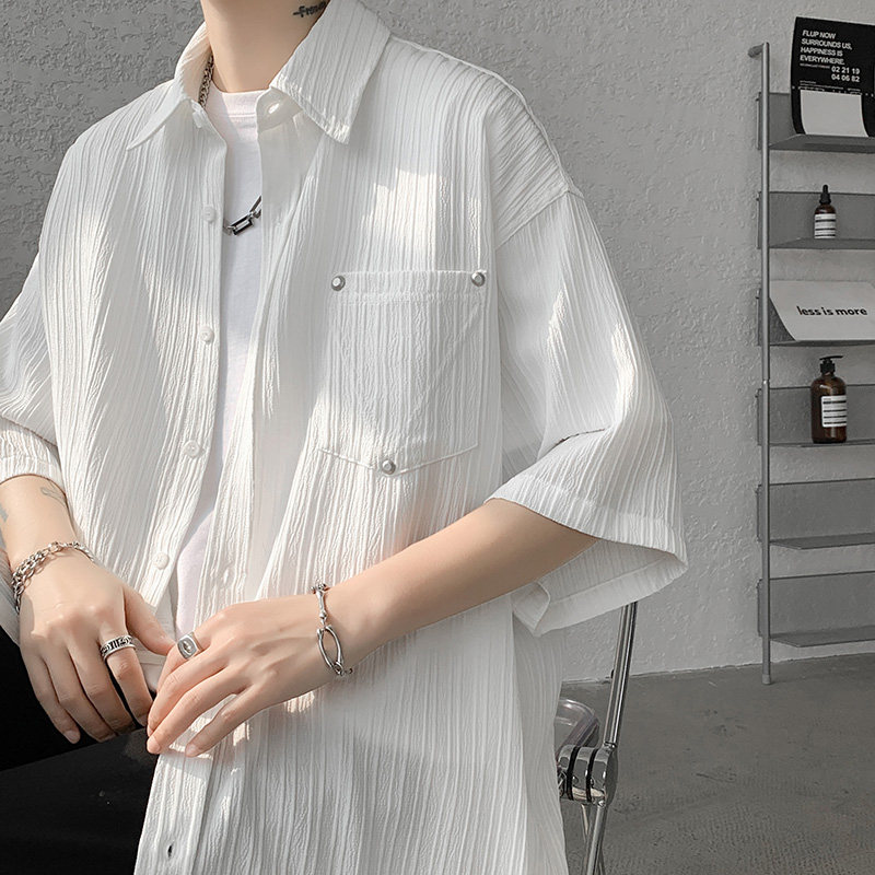 DX1548`大码情侣中性简约铆钉装饰五分袖短袖衬衫男女P4868米,男装T恤,电商A066