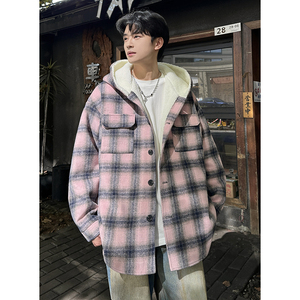 MH10`条纹ins加厚中长款羊羔毛呢料外套连帽棉衣棉服男 P118图片