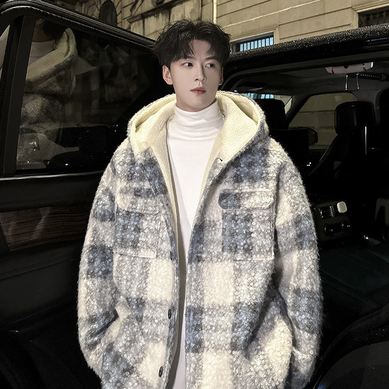 MH13`条纹ins加厚中长款羊羔毛呢料外套连帽棉衣棉服男P118，男装棉衣，电商A066