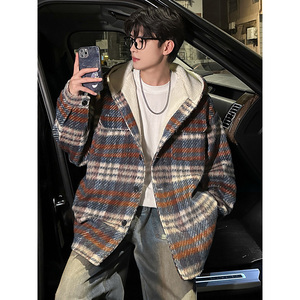 MH09`条纹ins加厚中长款羊羔毛呢料外套连帽棉衣棉服男 P118图片