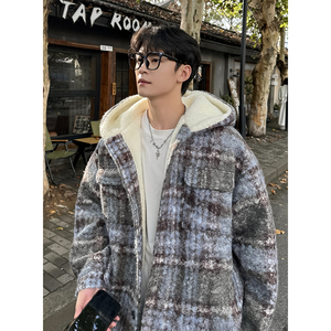 MH12`条纹ins加厚中长款羊羔毛呢料外套连帽棉衣棉服男 P118图片