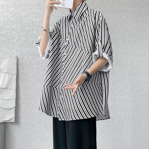 DX1543`夏季清爽条纹拼接~五分袖中袖短袖衬衫男女P48图片