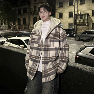 MH11`条纹ins加厚中长款羊羔毛呢料外套连帽棉衣棉服男 P118图片