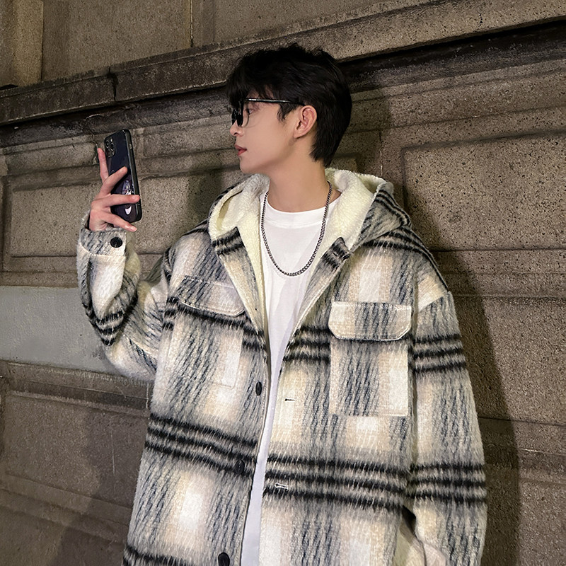 MH08`条纹ins加厚中长款羊羔毛呢料外套连帽棉衣棉服男 P118图片