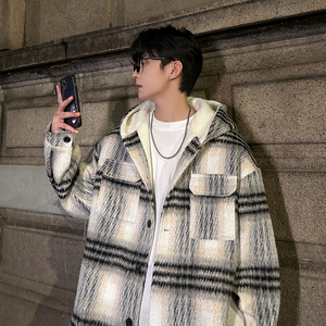 MH08`条纹ins加厚中长款羊羔毛呢料外套连帽棉衣棉服男 P118图片
