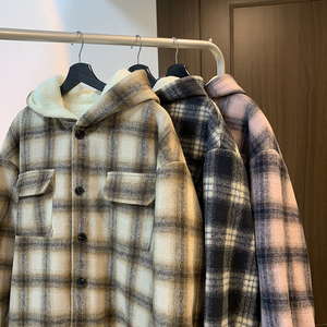 MH10`条纹ins加厚中长款羊羔毛呢料外套连帽棉衣棉服男 P118图片