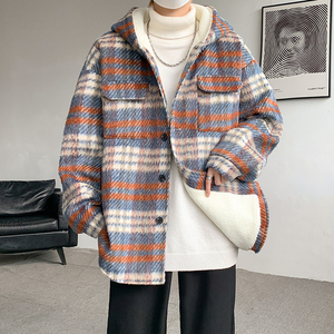 MH09`条纹ins加厚中长款羊羔毛呢料外套连帽棉衣棉服男 P118图片