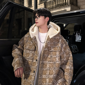 MH13`条纹ins加厚中长款羊羔毛呢料外套连帽棉衣棉服男 P118图片