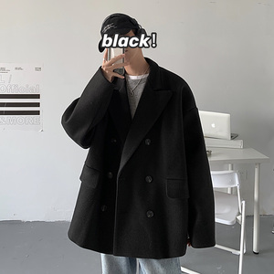 FT03高品质直播款中性风港风宽松中长款呢料风衣夹克男 P98黑图片