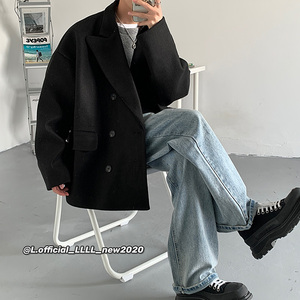 FT03高品质直播款中性风港风宽松中长款呢料风衣夹克男 P98黑图片