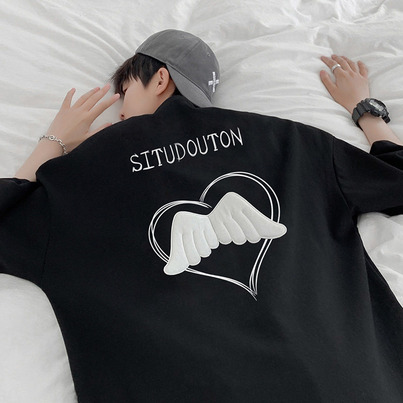 DX1080已注册版权情侣大码宽松小熊翅膀短袖T恤P3548黑色，男装T恤，电商A066