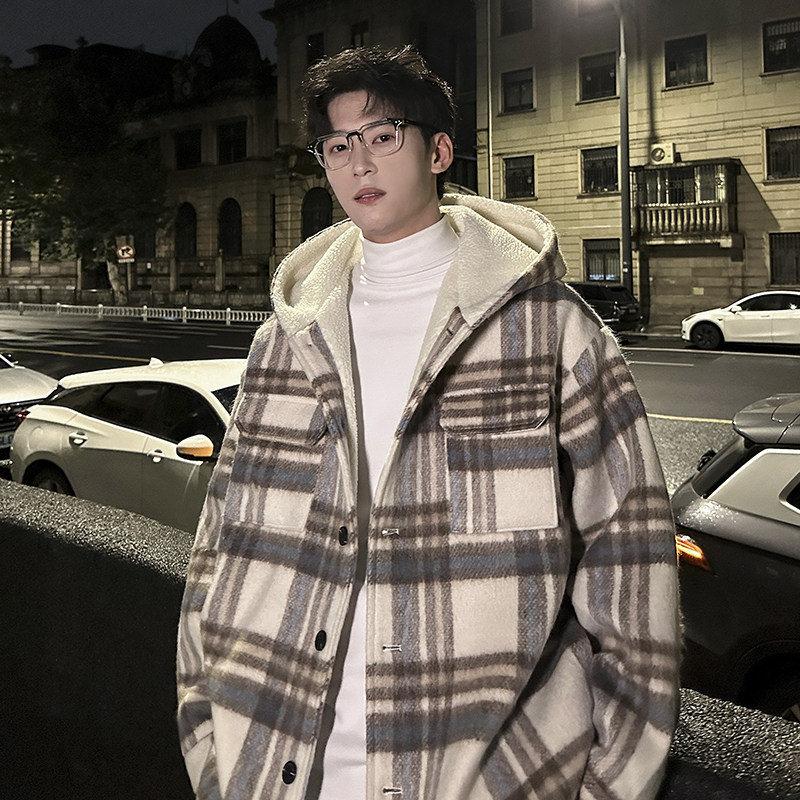 MH11`条纹ins加厚中长款羊羔毛呢料外套连帽棉衣棉服男P118,男装棉衣,电商A066