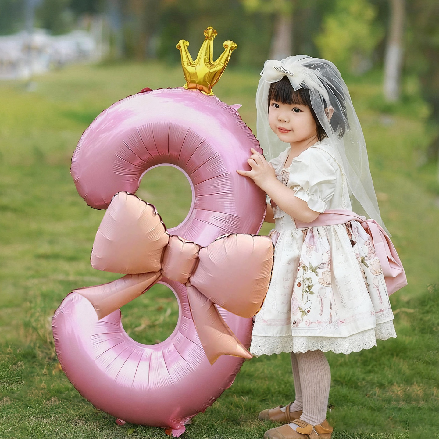 生日粉色皇冠蝴蝶结数字气球