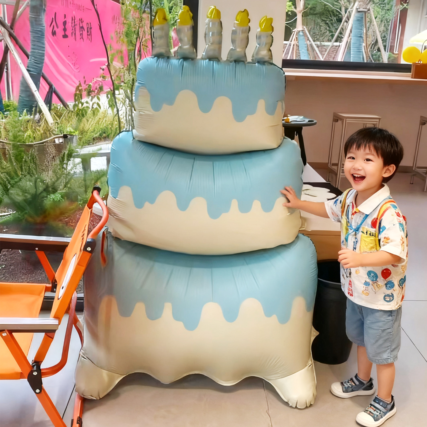 超大三层蓝色蛋糕气球男女孩周岁派对布置场景装饰氛围感拍照道具