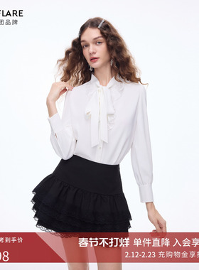 朗姿莱茵福莱尔气质复古宫廷风蝴蝶结系带长袖衬衫女通勤26春新款