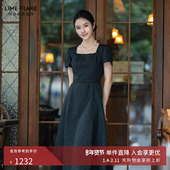 莱茵福莱尔千金风方领收腰连衣裙黑色25新款 经典 小黑裙长裙