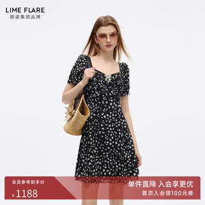 朗姿莱茵福莱尔法式复古泡泡袖茶歇小雏菊碎花收腰连衣裙女26夏新