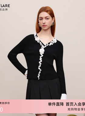 朗姿莱茵福莱尔法式浪漫木耳玫瑰花独特百搭黑色V领绵羊毛针织衫