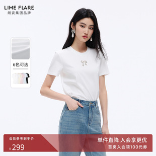 朗姿莱茵福莱尔手工蝴蝶结钉钻简约休闲百搭圆领短袖纯色T恤26夏