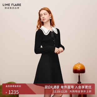 针织连衣裙女 气质精致撞色长袖 朗姿 莱茵福莱尔娃娃领蝴蝶结法式