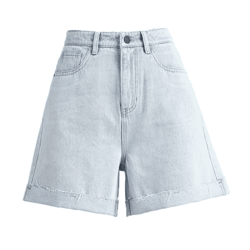 牛仔短裤高腰宽松直筒逸阳翻边