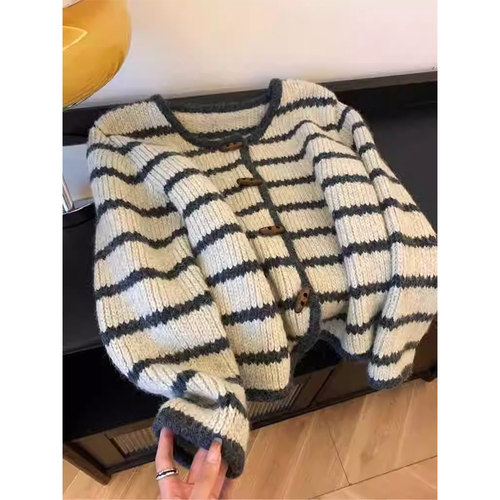 女童条纹针织外套春秋开衫毛衣