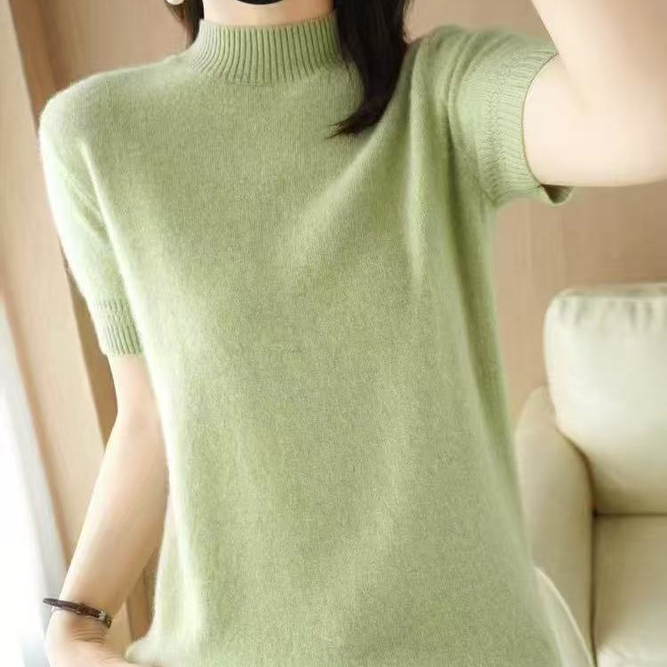 2025新款进口扬子纱女装宽松半高领短款套头纯色短袖打底针织衫