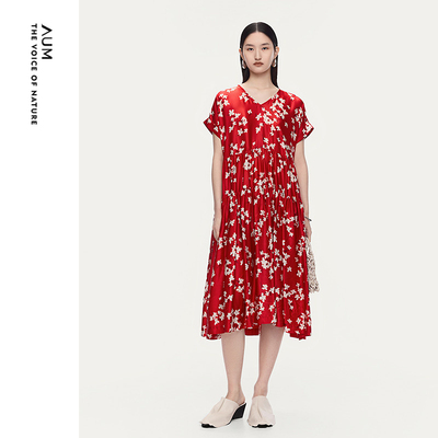 【FaFa裙】AUM噢姆2025年夏季新款桑蚕丝红白抽象印花休闲连衣裙