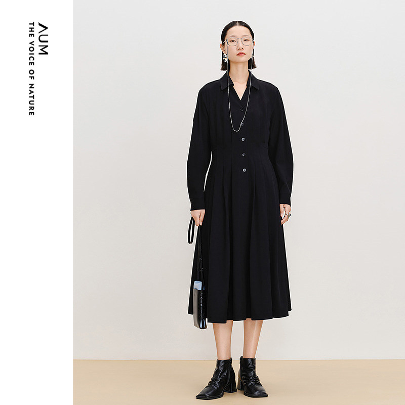 【商场同款】AUM噢姆春季三醋酸钻石领收腰黑色连衣裙休闲长裙女,女装/女士精品,连衣裙,淘宝优惠券,粉丝福利购,淘宝优惠卷