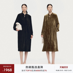【天猫臻选】AUM噢姆冬季系带领丝绒连衣裙黑色长裙女