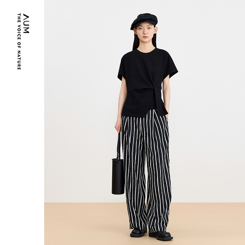 【百搭设计款】AUM噢姆夏季抗菌针织空气层不对称短袖T恤黑色上衣