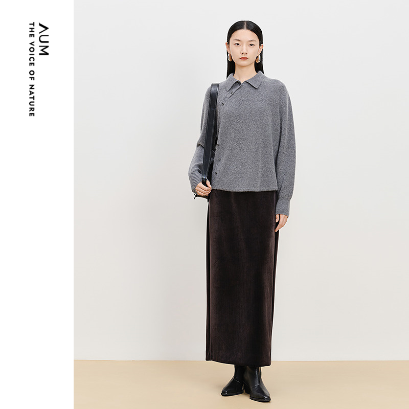 【商场同款】AUM噢姆冬季精纺羊毛针织新中式翻领休闲长袖上衣女