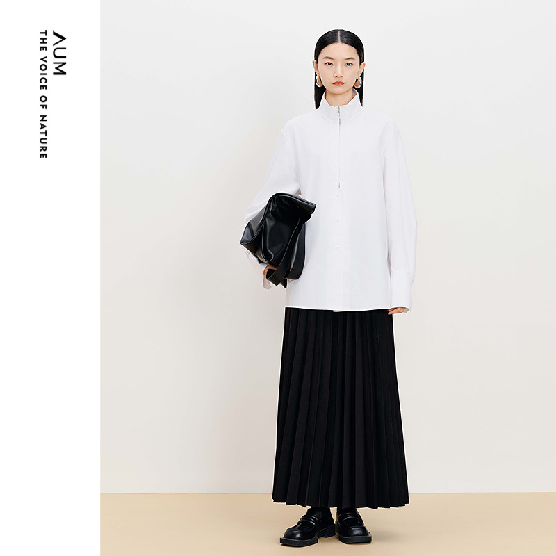 【商场同款】AUM噢姆冬季棉感磨毛宽松高领拉链衬衫白色上衣女款