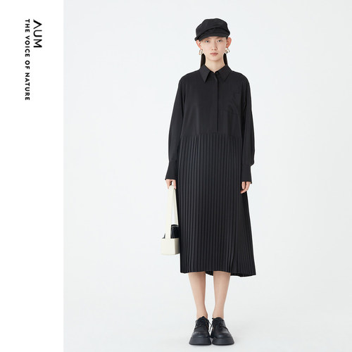 【经典缪斯裙】AUM噢姆秋季优雅百褶衬衫裙中式拼接小黑裙连衣裙