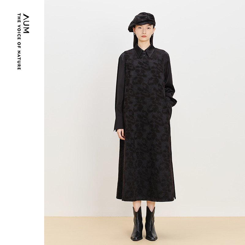 【商场同款】AUM噢姆冬季进口提花中式直筒无袖长裙黑色连衣裙女