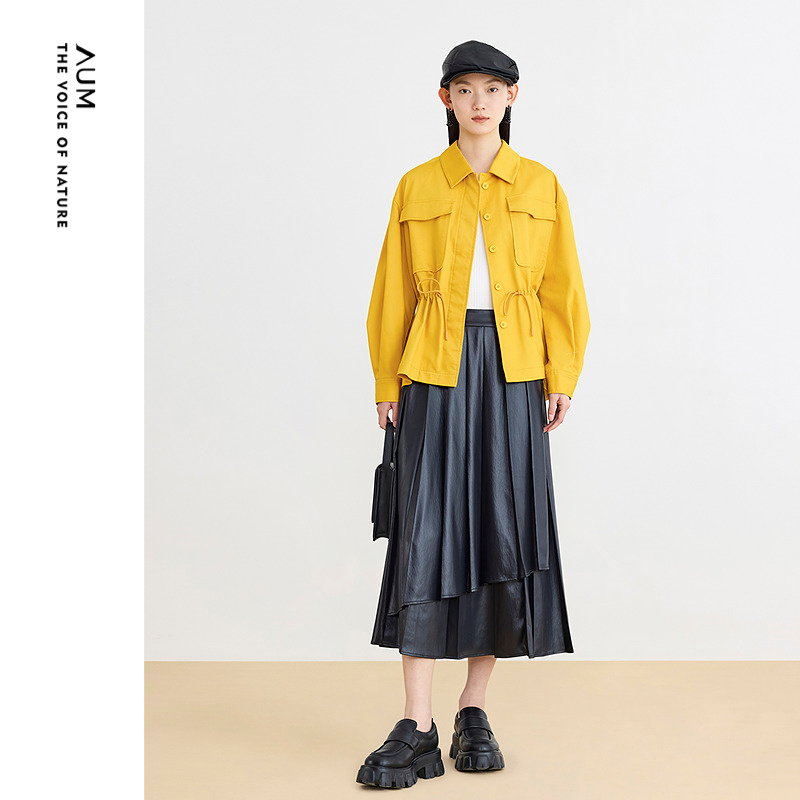 【天猫臻选】AUM噢姆春季通勤休闲翻领宽松长袖收腰黄色衬衫外套