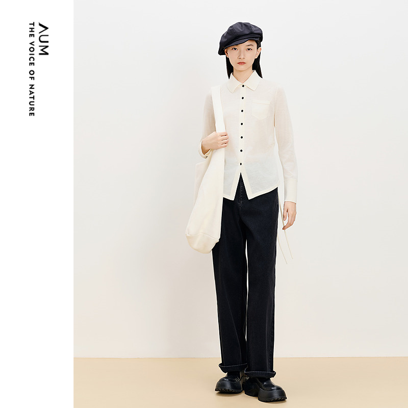 【商场同款】AUM噢姆冬季斜纹磨毛牛仔直筒裤黑色休闲微喇长裤女