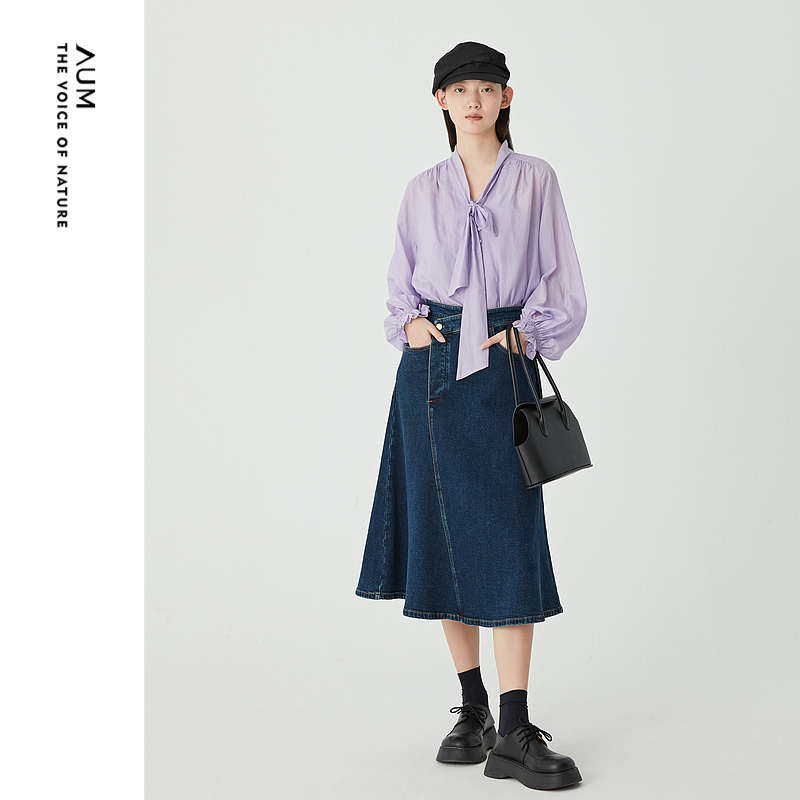 【商场同款】AUM噢姆春季深蓝色不对称鱼尾磨毛牛仔休闲半身裙女