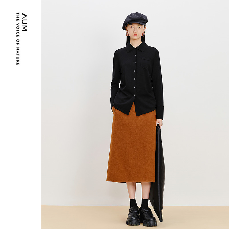 【商场同款】AUM噢姆冬季可机洗绵羊毛针织衬衫黑色翻领休闲上衣