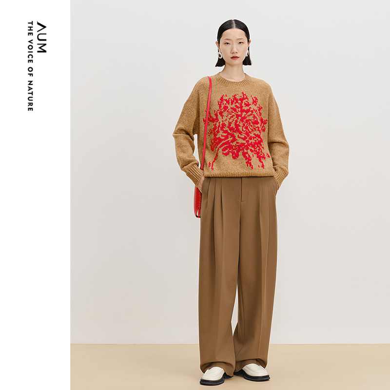 【新年系列】AUM噢姆春季撞色提花针织休闲圆领宽松套头衫上衣女