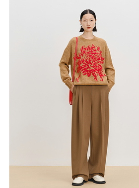 【新年系列】AUM噢姆春季撞色提花针织休闲圆领宽松套头衫上衣女