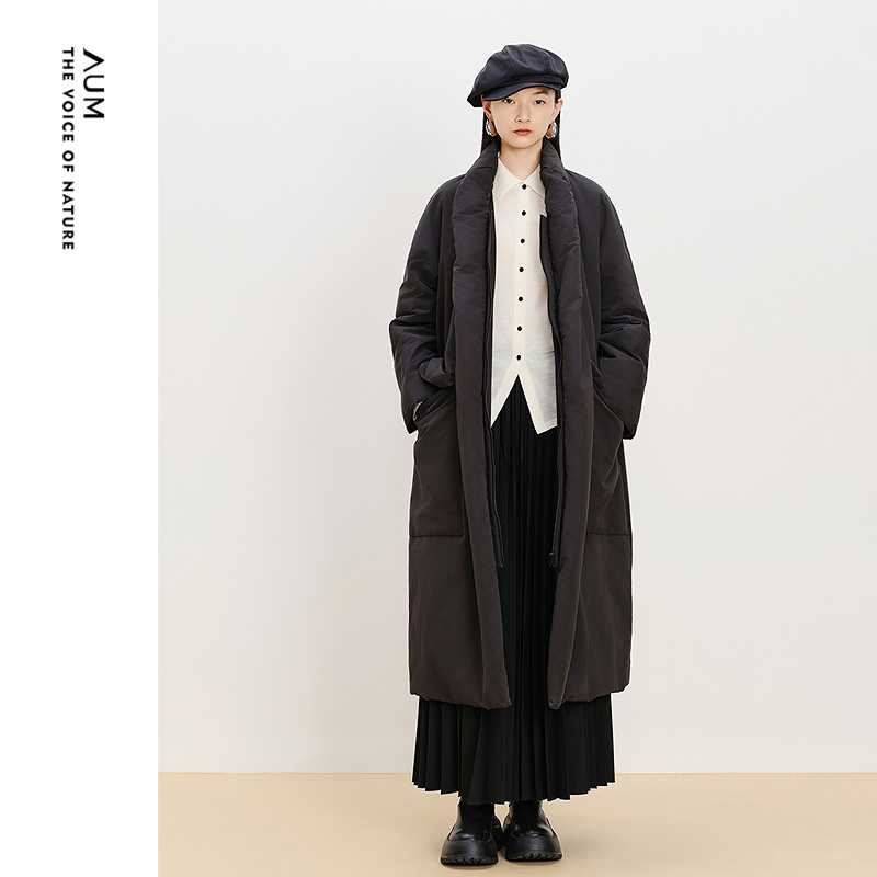 【商场同款】AUM噢姆冬季中式鹅绒服立领长款黑色超长过膝羽绒服