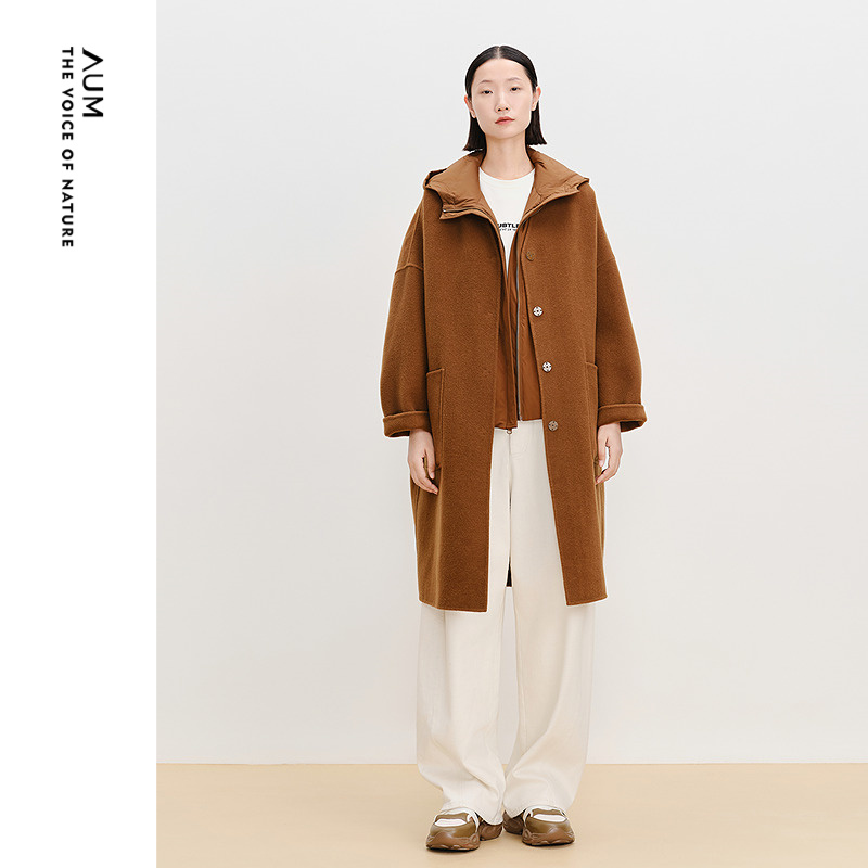 【商场同款】AUM噢姆冬季羊毛双面呢休闲连帽两件式羽绒大衣女款